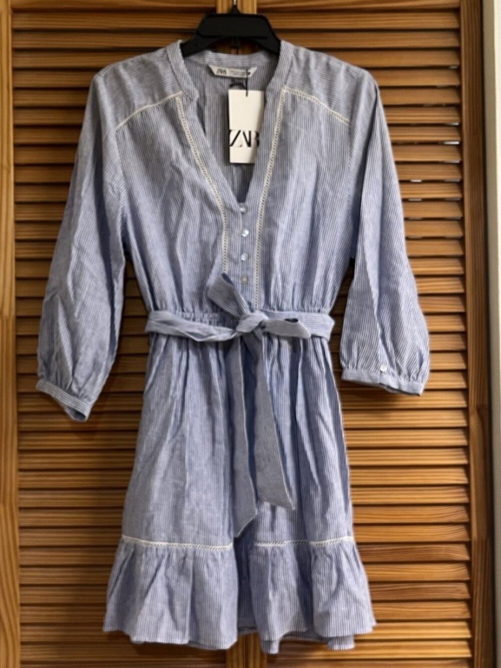 ZARA WOMEN STRIPPED LINEN BLEND SHORT DRESS BLUE/white 3430/193/100 Sz M